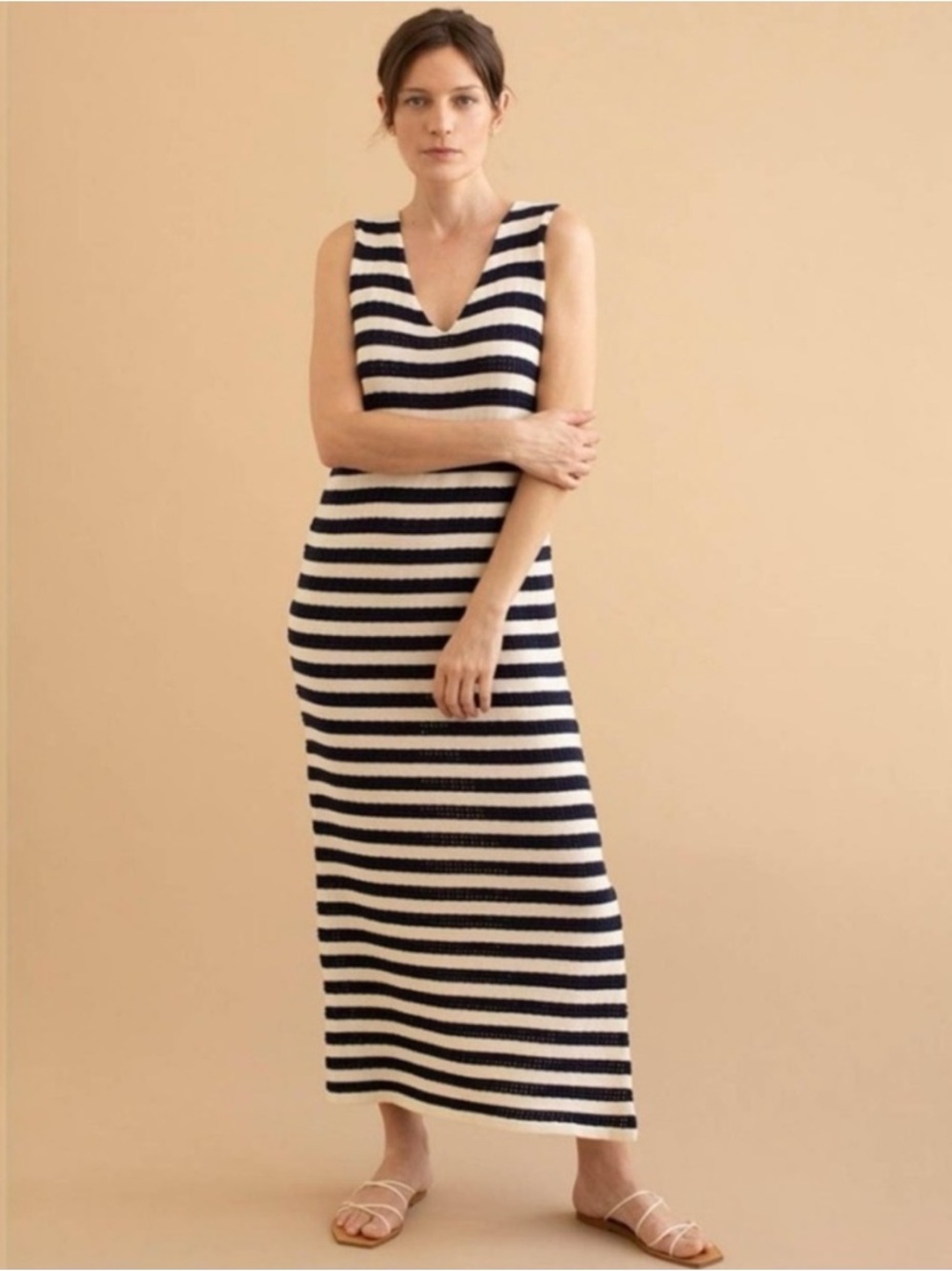 Mus & Bombon Palawan Maxi Dress Medium Navy Cream Stripe Cotton Knit NWT